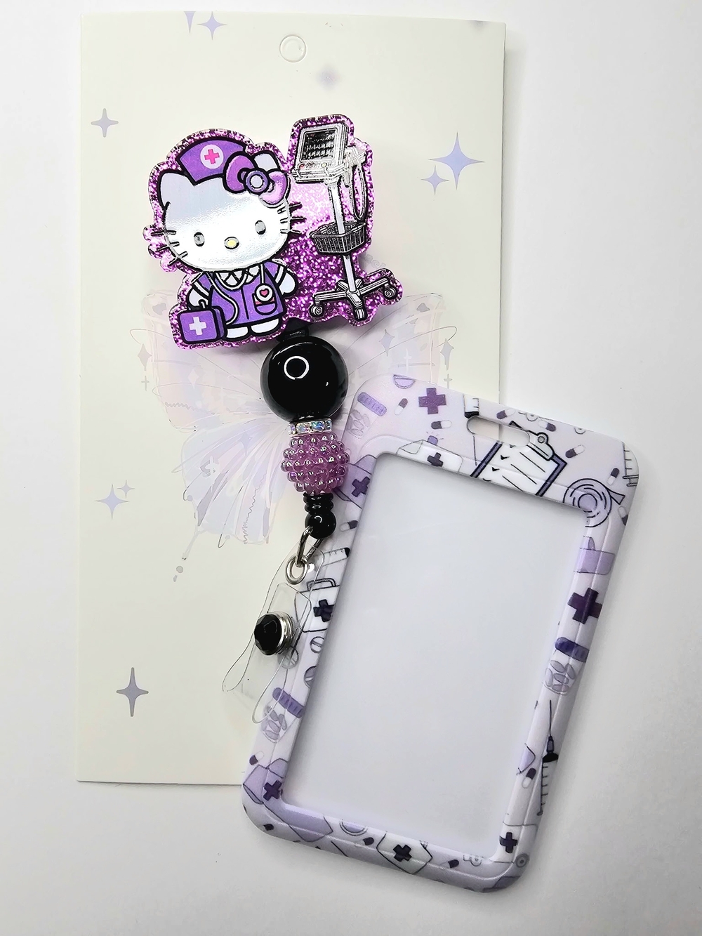 Hello Kitty Purple Glitter Nurse Badge Reel with Lavender Patterned ID Holder